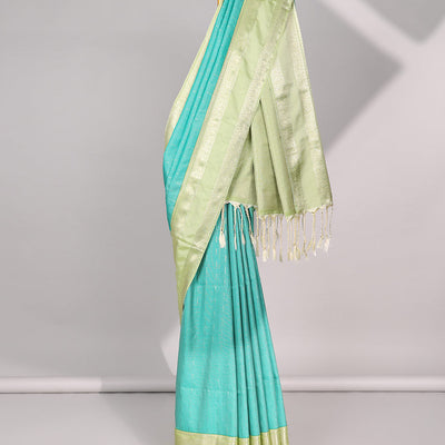 Blue motifs semi-silk soft saree with contrast zari border & intricate design pallu
