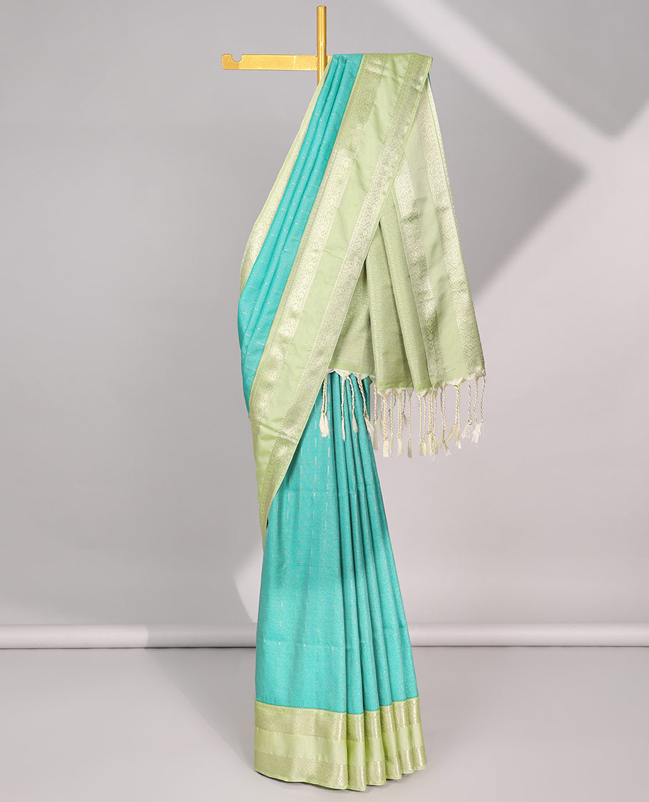 Blue motifs semi-silk soft saree with contrast zari border & intricate design pallu