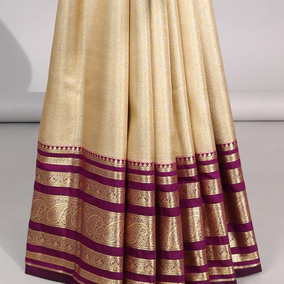 Cream Semi banaras tissue saree with contrast traditional zari border & pallu of intricate design