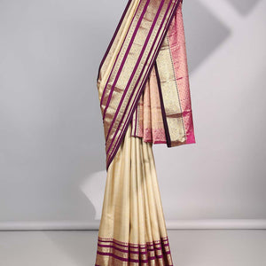 Cream Semi banaras tissue saree with contrast traditional zari border & pallu of intricate design