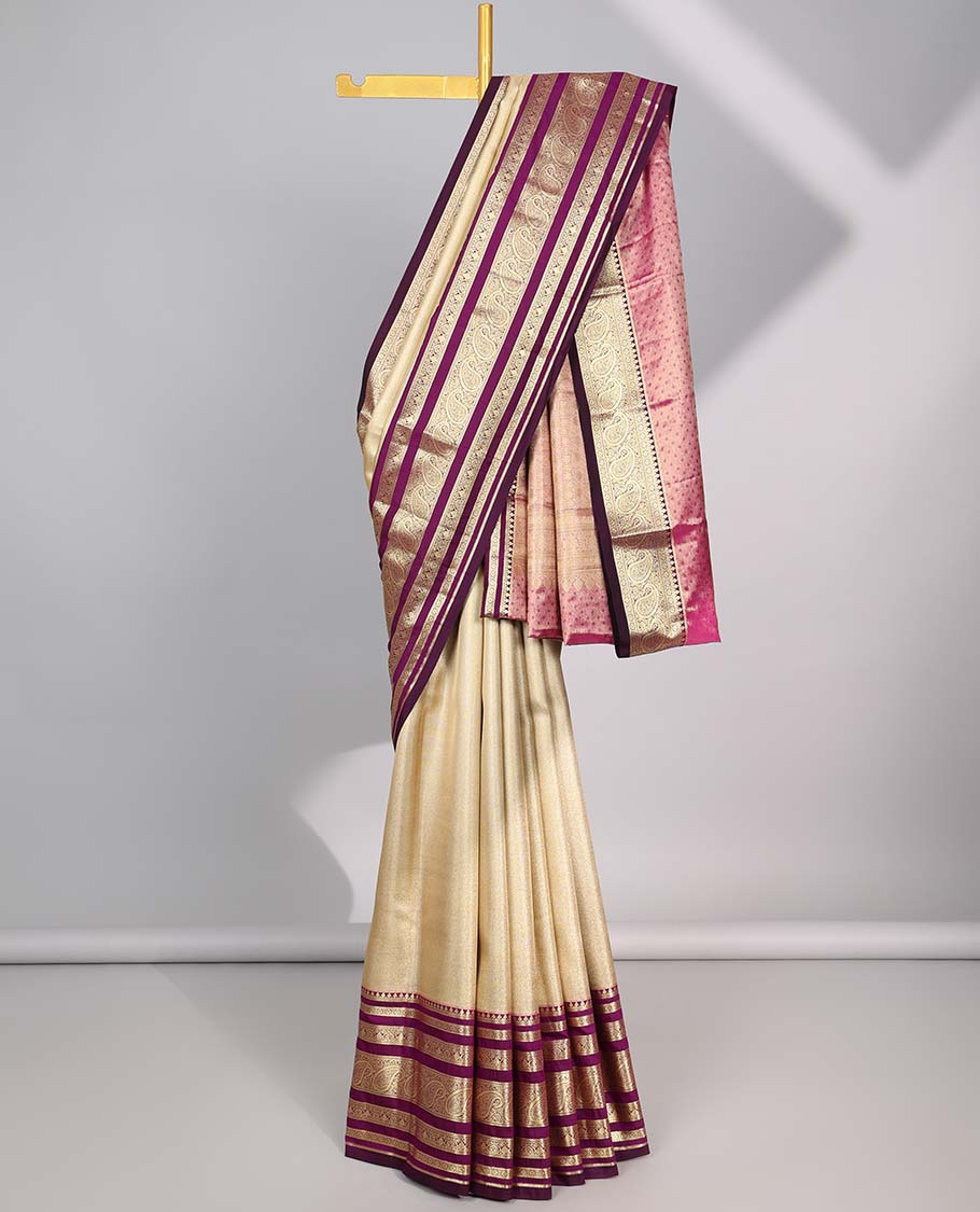 Cream Semi banaras tissue saree with contrast traditional zari border & pallu of intricate design