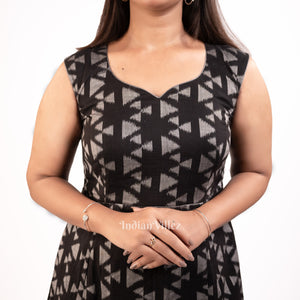 Deep Black Sambalpuri Ikat Cotton Long Gown Kurti  for Women
