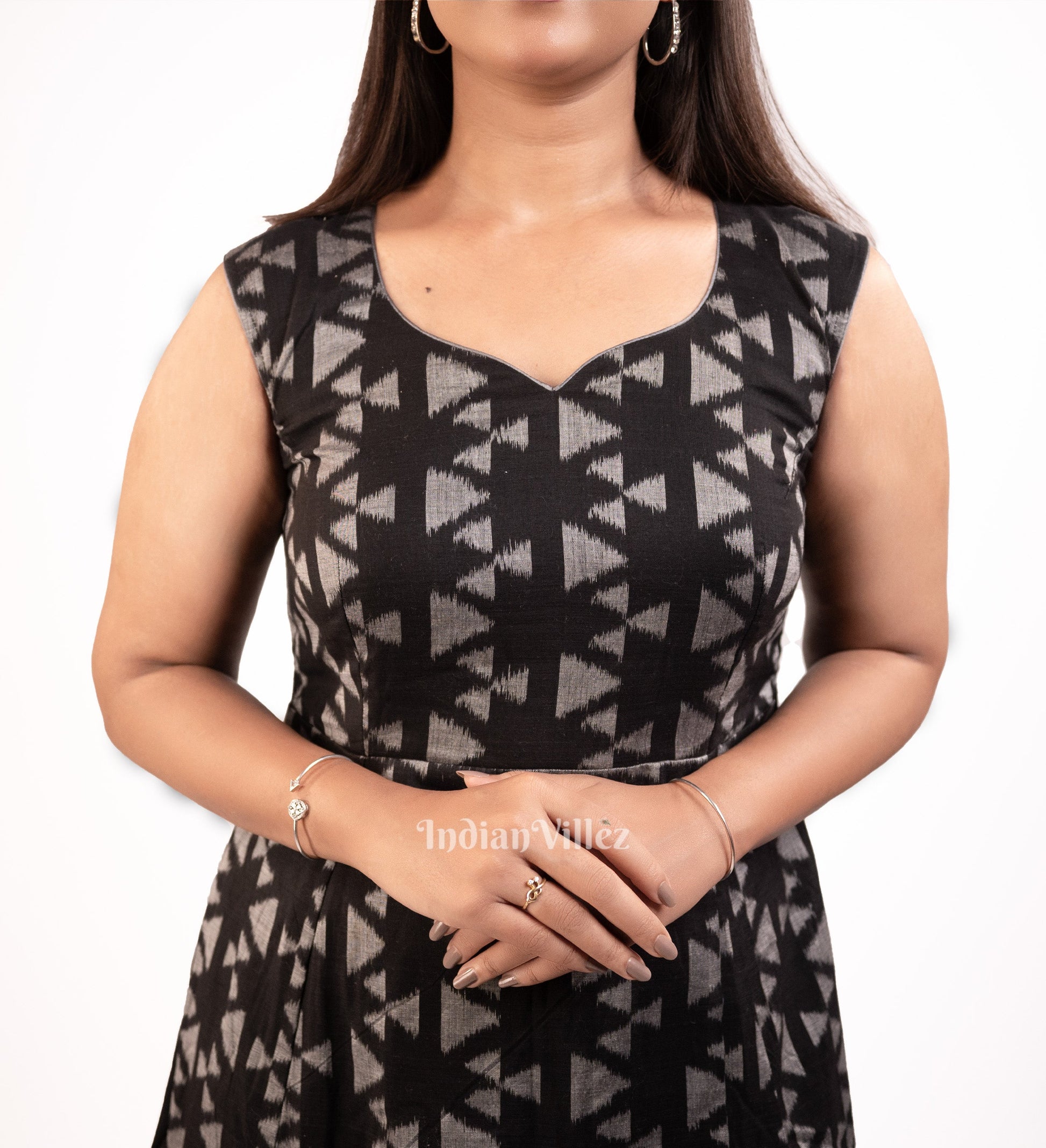 Deep Black Sambalpuri Ikat Cotton Long Gown Kurti  for Women
