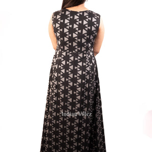 Deep Black Sambalpuri Ikat Cotton Long Gown Kurti  for Women