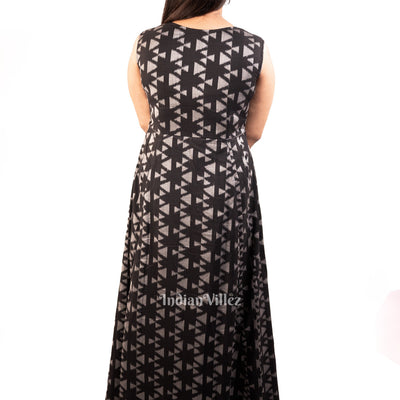 Deep Black Sambalpuri Ikat Cotton Long Gown Kurti  for Women