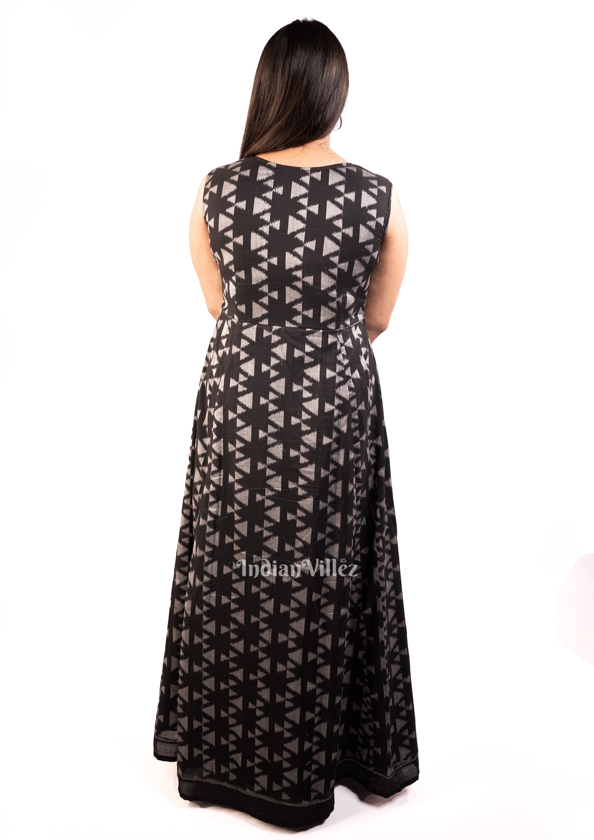Deep Black Sambalpuri Ikat Cotton Long Gown Kurti  for Women