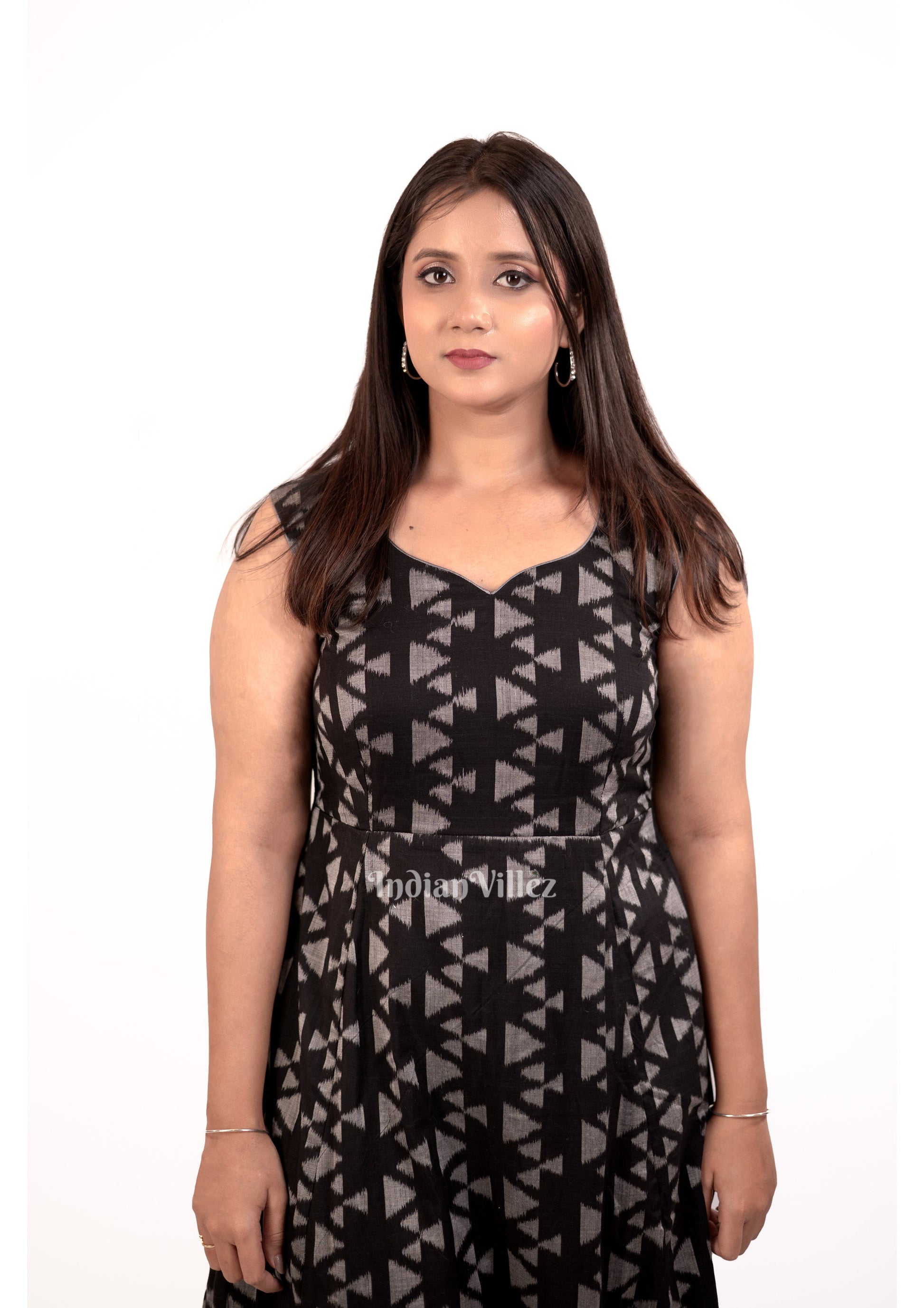 Deep Black Sambalpuri Ikat Cotton Long Gown Kurti  for Women