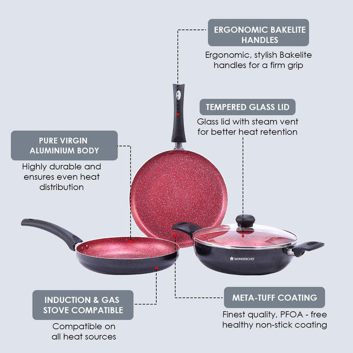 Sigma Non-stick Cookware Set, 4Pc (Kadhai with Lid, Dosa Tawa, Fry Pan),