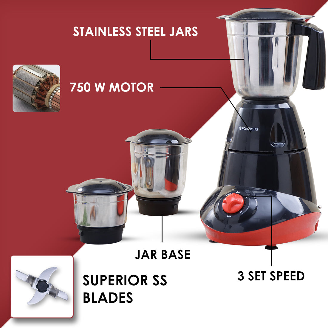 Wonderchef Renewed Capri Mixer Grinder 750W,