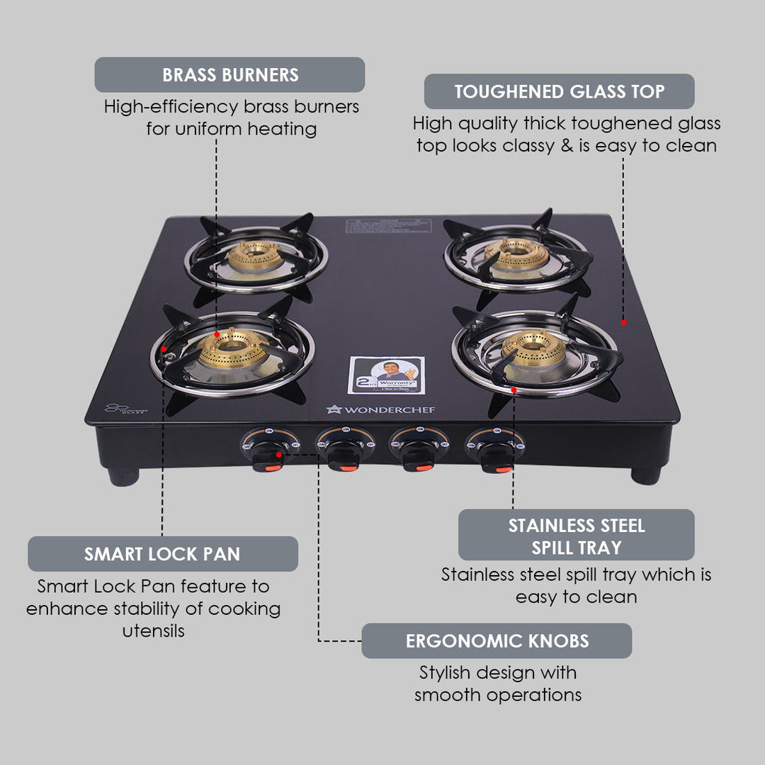 Ruby  4 Burner Glass Cooktop, Black Toughened Glass