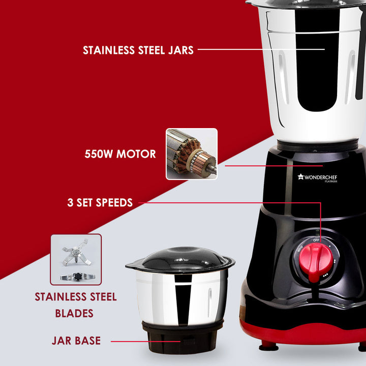 Ruby Mixer Grinder With 3 Jars and Anti-Rust Stainless Steel Blades,