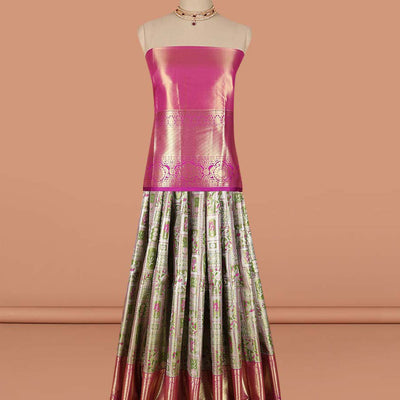 Green Geometric,floral design art-silk half saree, contrast traditional zari border,zari design blouse & intricate dhavani