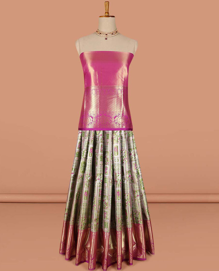Green Geometric,floral design art-silk half saree, contrast traditional zari border,zari design blouse & intricate dhavani