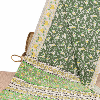 Green floral vine machine-printed kalamkari cotton saree, contrast floral creeper border & intricate pallu