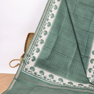 Green checked semi-banaras tussar saree with self - bullock cart border & checked pallu