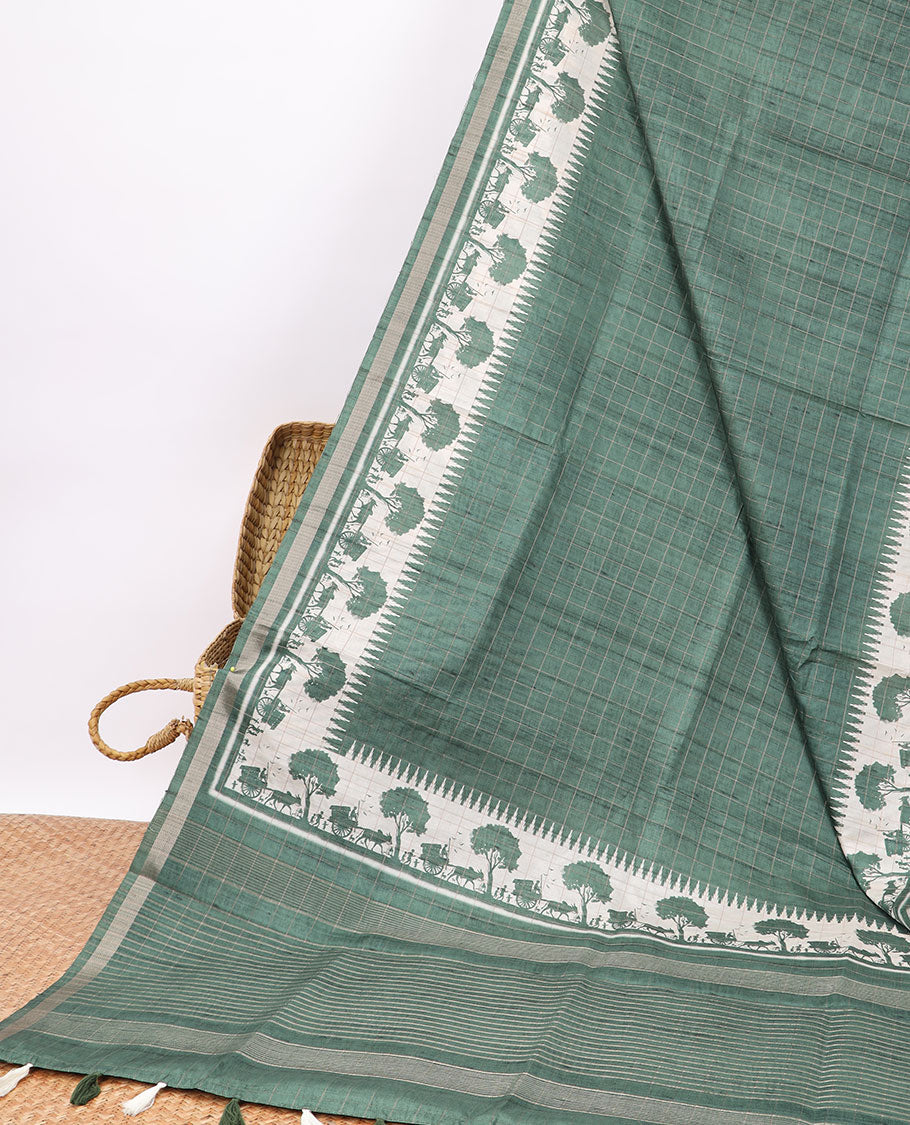 Green checked semi-banaras tussar saree with self - bullock cart border & checked pallu