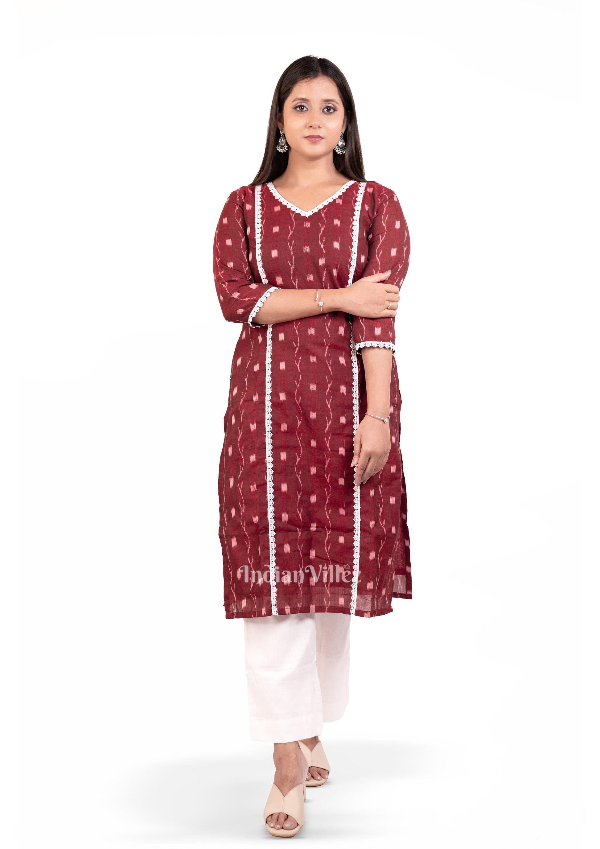 Maroon Sambalpuri Ikat Cotton Kurti for Women