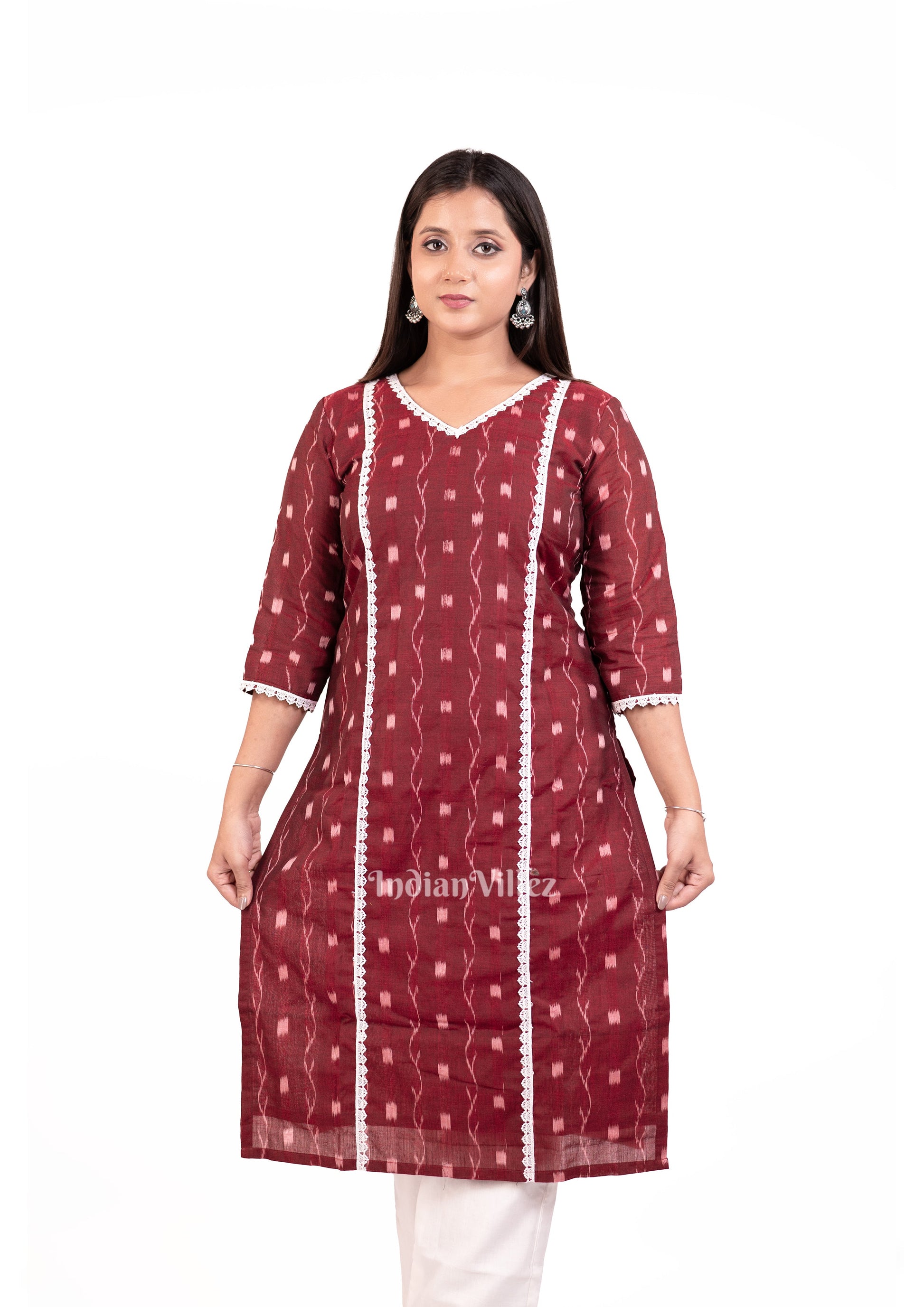 Maroon Sambalpuri Ikat Cotton Kurti for Women
