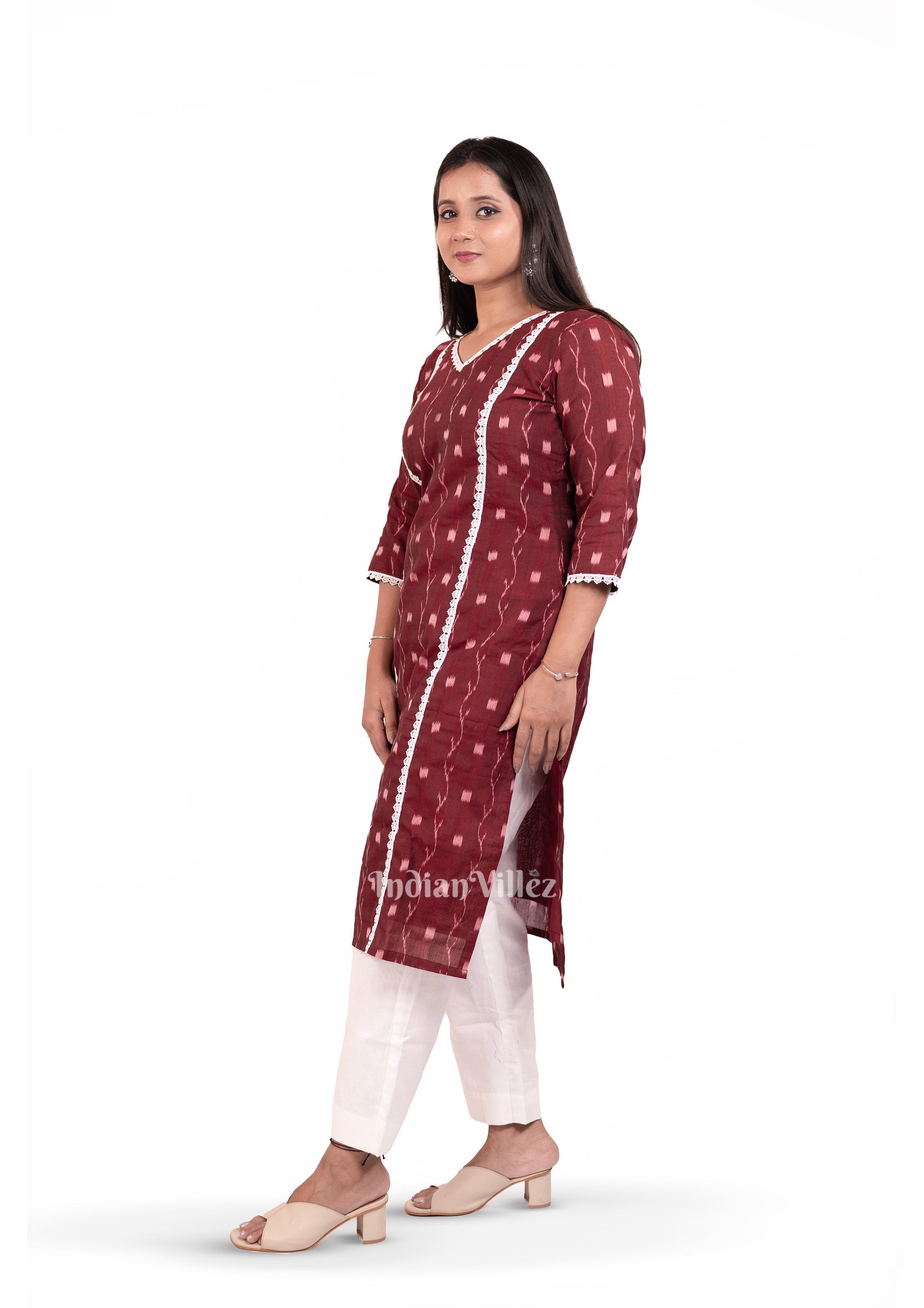 Maroon Sambalpuri Ikat Cotton Kurti for Women