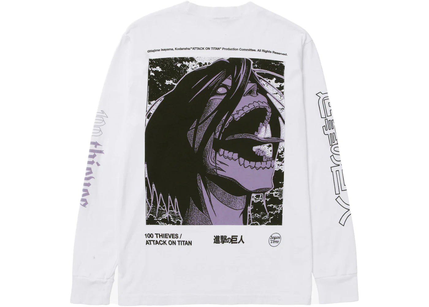 100 Thieves x Attack on Titan Attack Titan Long Sleeve T-shirt White