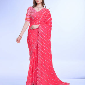 Pink Poly Chiffon Festival Saree With Blouse Piece