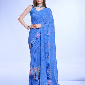 Blue Poly Chiffon Festival Saree With Blouse Piece