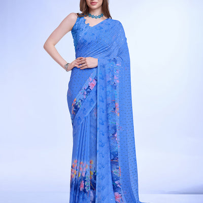 Blue Poly Chiffon Festival Saree With Blouse Piece