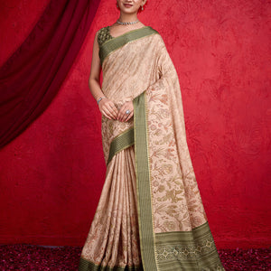 Peach Poly Silk Festival Saree With Blouse Piece