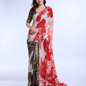 Red Poly Chiffon Festival Saree With Blouse Piece