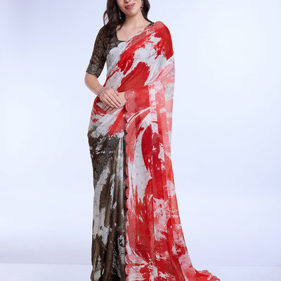 Red Poly Chiffon Festival Saree With Blouse Piece