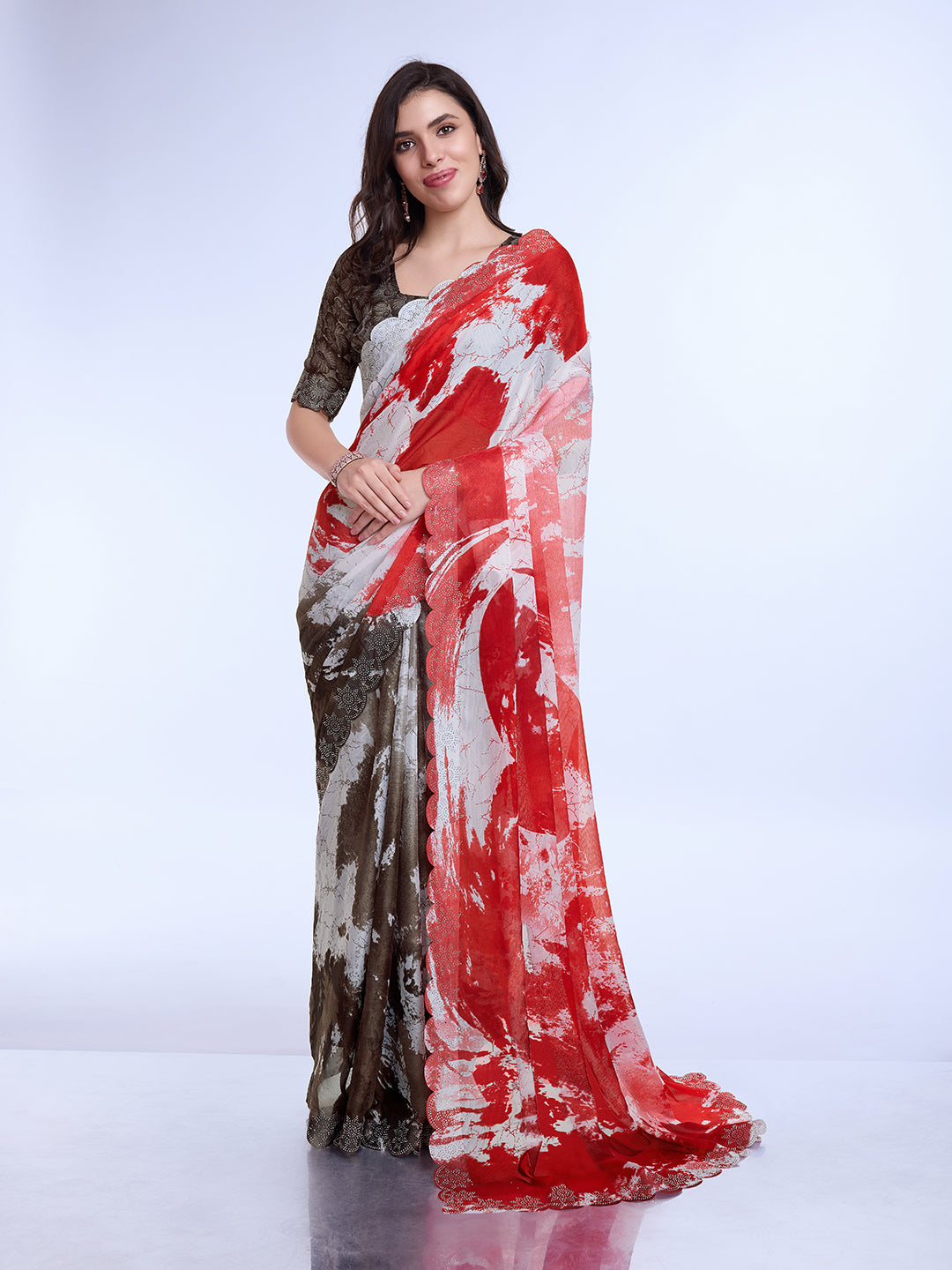 Red Poly Chiffon Festival Saree With Blouse Piece