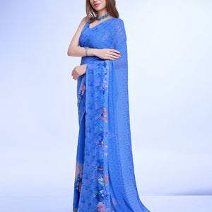 Blue Poly Chiffon Festival Saree With Blouse Piece