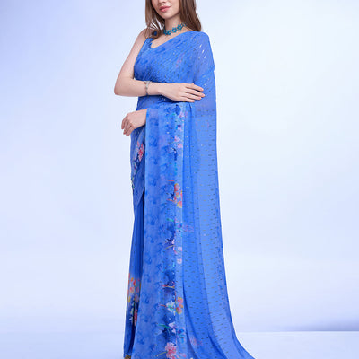 Blue Poly Chiffon Festival Saree With Blouse Piece