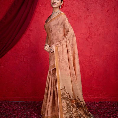 Peach Poly Silk Festival Saree With Blouse Piece