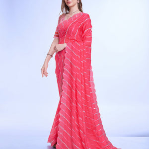 Pink Poly Chiffon Festival Saree With Blouse Piece