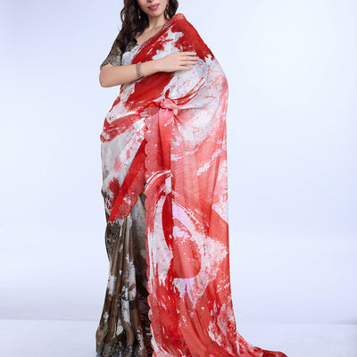 Red Poly Chiffon Festival Saree With Blouse Piece