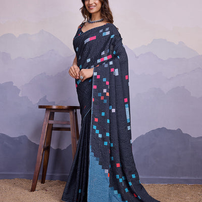 Grey Silk Blend Daily Wear Saree With Blouse Piece