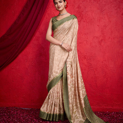 Peach Poly Silk Festival Saree With Blouse Piece