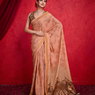 Peach Poly Silk Festival Saree With Blouse Piece