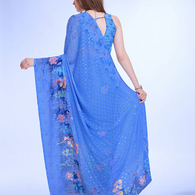 Blue Poly Chiffon Festival Saree With Blouse Piece