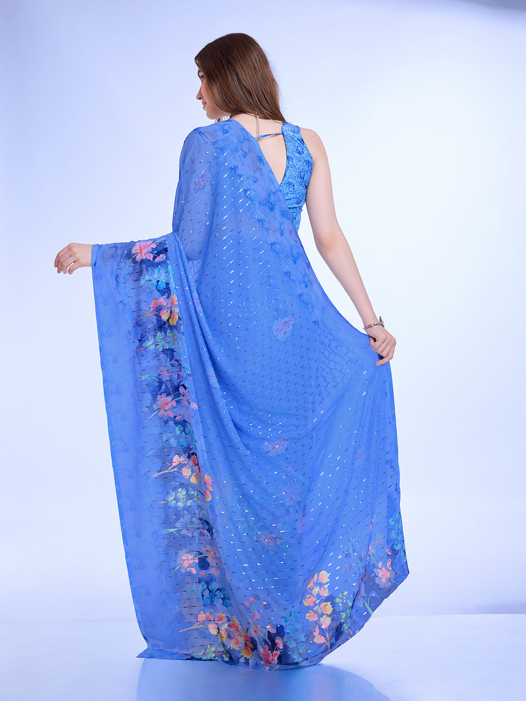 Blue Poly Chiffon Festival Saree With Blouse Piece