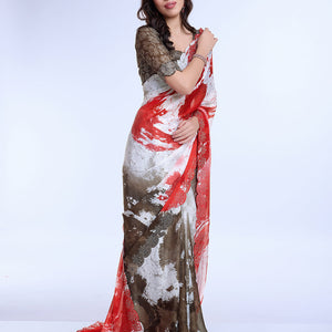 Red Poly Chiffon Festival Saree With Blouse Piece