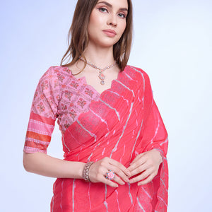 Pink Poly Chiffon Festival Saree With Blouse Piece