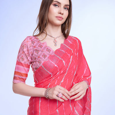 Pink Poly Chiffon Festival Saree With Blouse Piece
