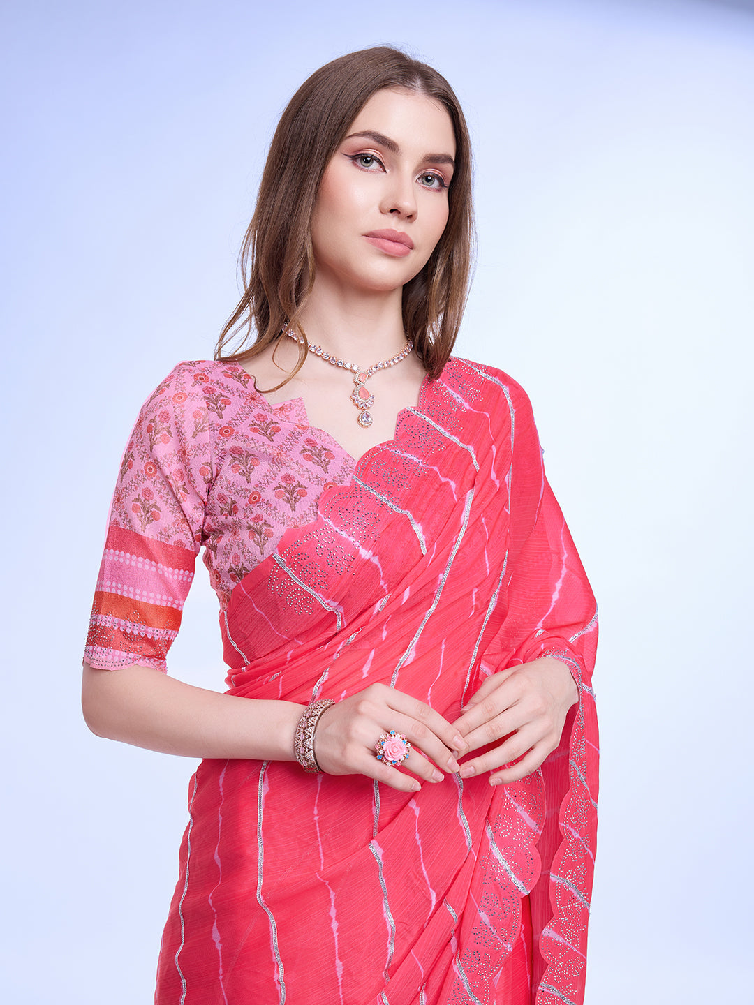 Pink Poly Chiffon Festival Saree With Blouse Piece