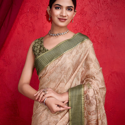Peach Poly Silk Festival Saree With Blouse Piece