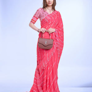 Pink Poly Chiffon Festival Saree With Blouse Piece