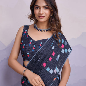 Grey Silk Blend Daily Wear Saree With Blouse Piece