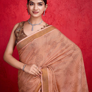 Peach Poly Silk Festival Saree With Blouse Piece