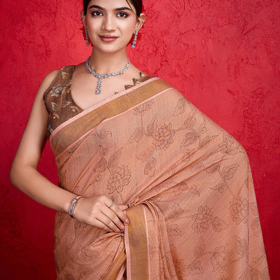 Peach Poly Silk Festival Saree With Blouse Piece